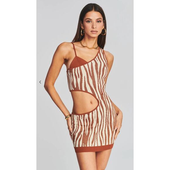Retrofete Brown Zebra Dimi Mini Dress Womens Medium Cut Out New Short Bodycon